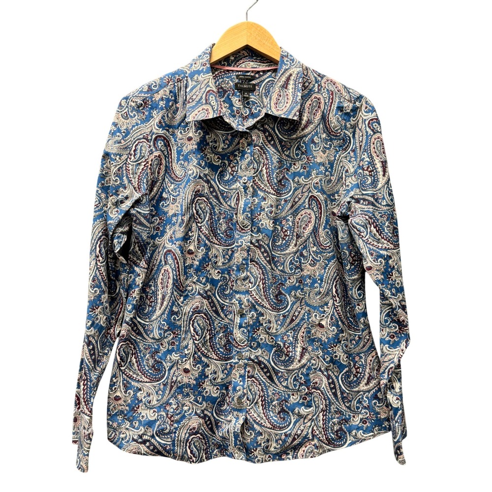 Talbots Blouse Womens 14 Wrinkle Resistant Paisley Blue Casual Button Up